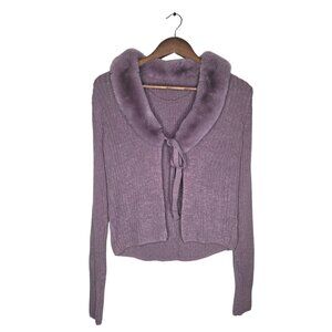 Lavender Faux Fur Ribbed Cardigan with Tie Front